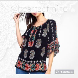 Bila Double Sleeve Ruffle Black Peasant Top Blouse Paisley Print Size XL #7881